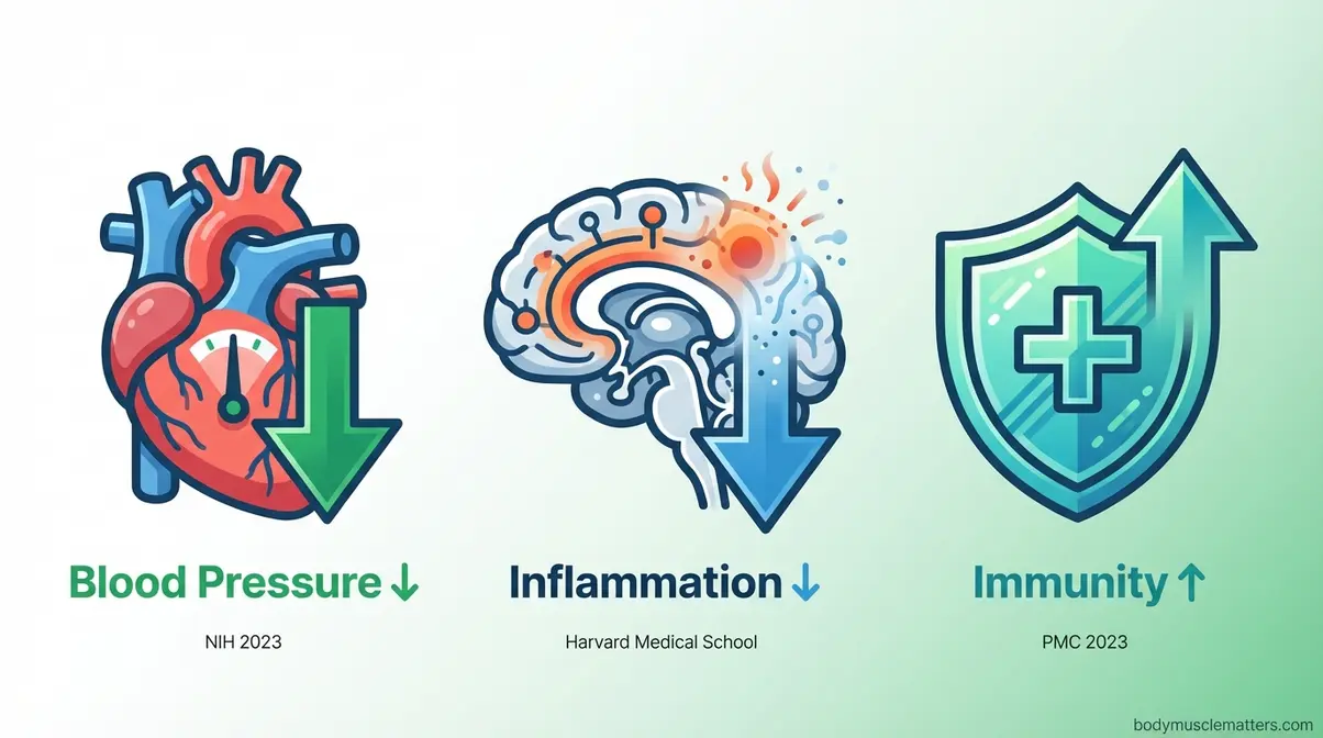 Meditation physical health benefits showing measurable blood pressure reduction immunity boost and inflammation decrease