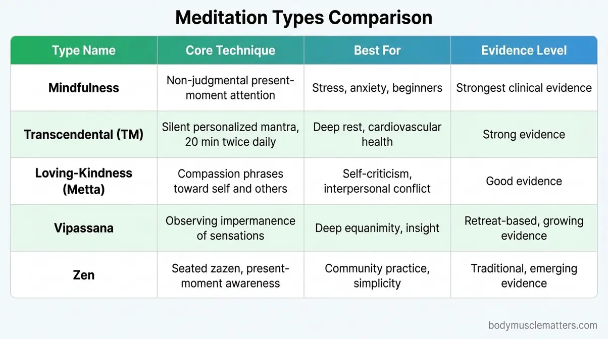 Comparison chart of five meditation types — mindfulness, transcendental, loving-kindness, Vipassana, and Zen — with best use cases