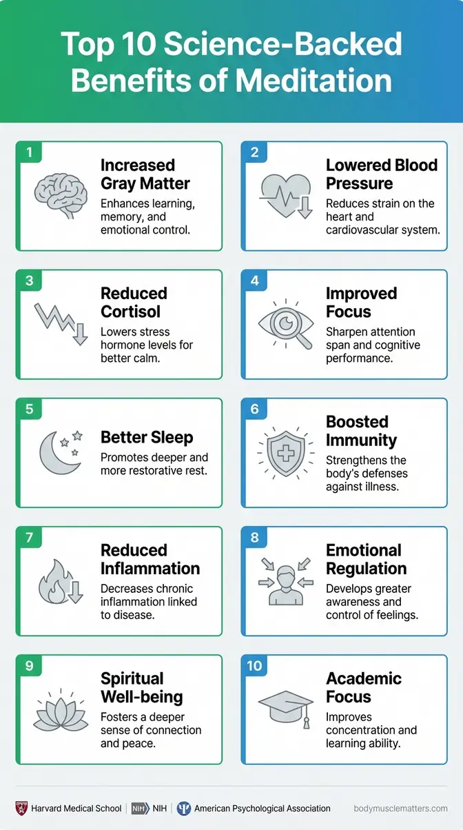 Chart listing the top 10 health benefits of meditation with Harvard, NIH, and Mayo Clinic as sources