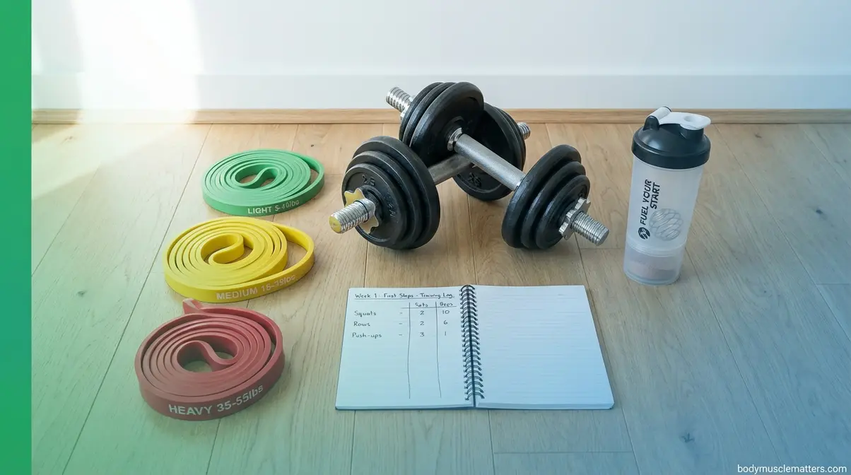 Beginner resistance training equipment flat-lay including bands dumbbells and training log for women starting out