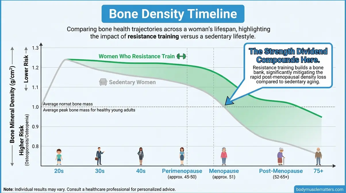 Bone density timeline chart comparing women who resistance train versus sedentary women across life stages including menopause