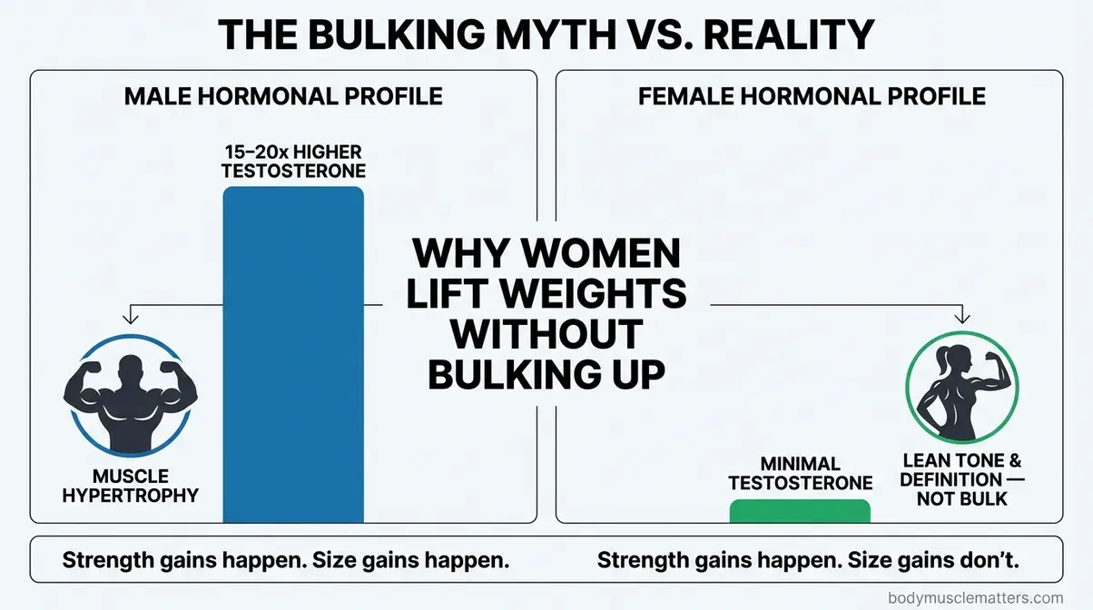 Side-by-side infographic comparing female and male testosterone levels showing why women build lean tone not bulk from lifting