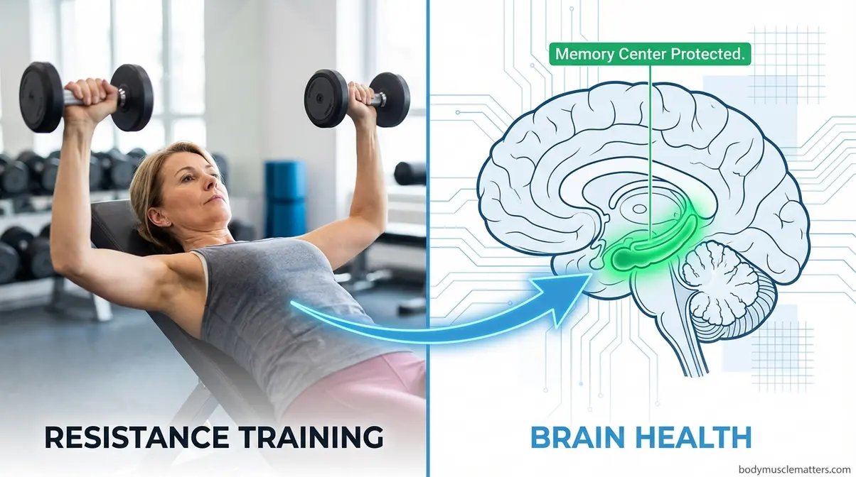 Split image showing woman doing resistance training connected to brain diagram highlighting hippocampus memory protection benefits