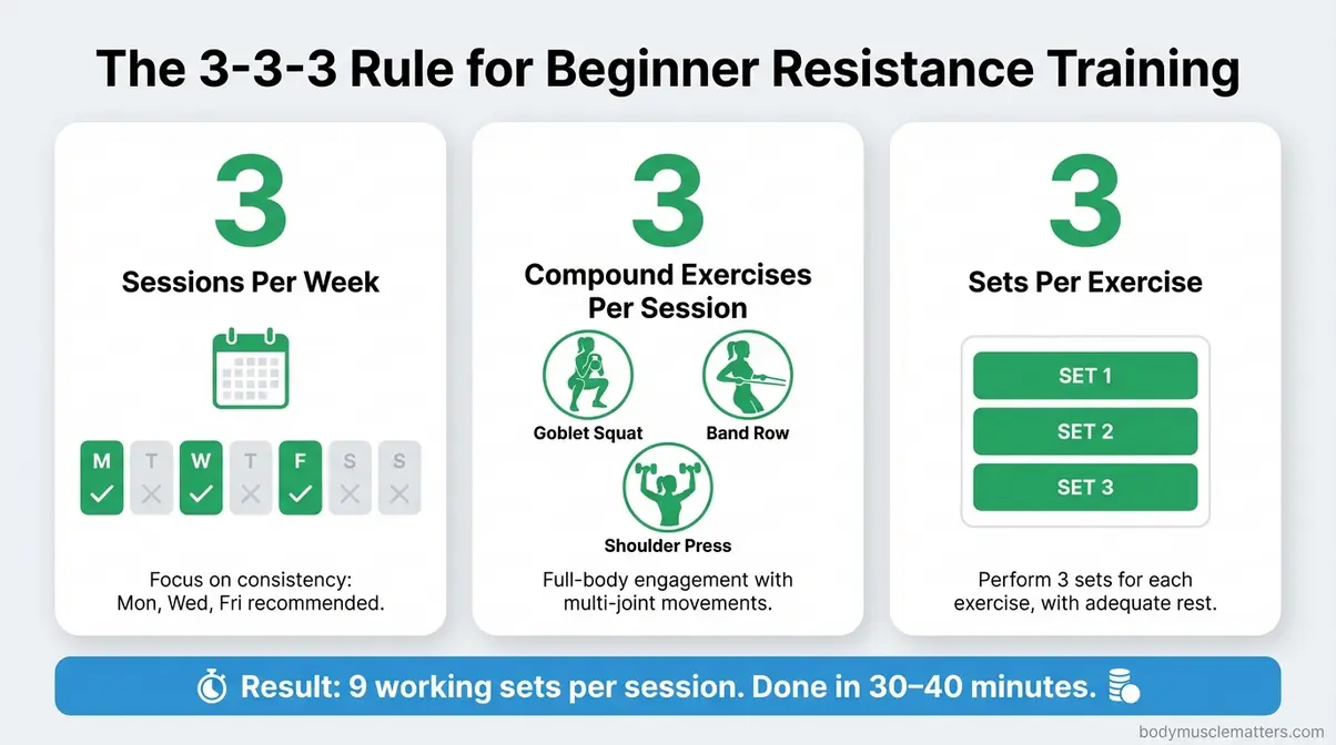 Infographic showing the 3-3-3 rule for women beginners with three sessions per week, three exercises, and three sets each