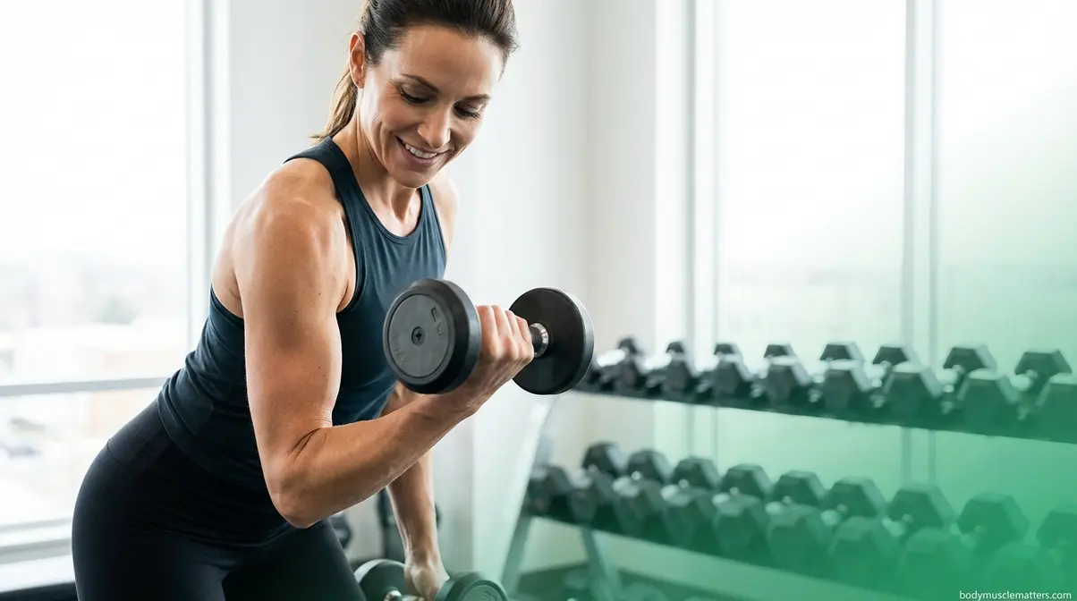 Woman performing dumbbell curl showing lean toned arms — the real result of resistance training for women, not bulk