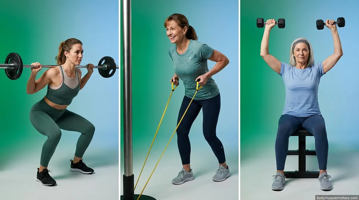 Three women at different life stages in their 30s 40s and 60s performing resistance training exercises showing lifelong benefits