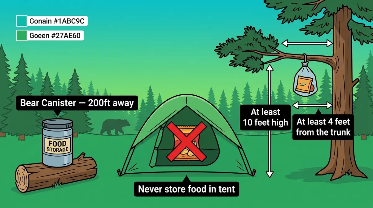 Bear safety diagram for tent camping showing proper food storage 200 feet from sleeping area