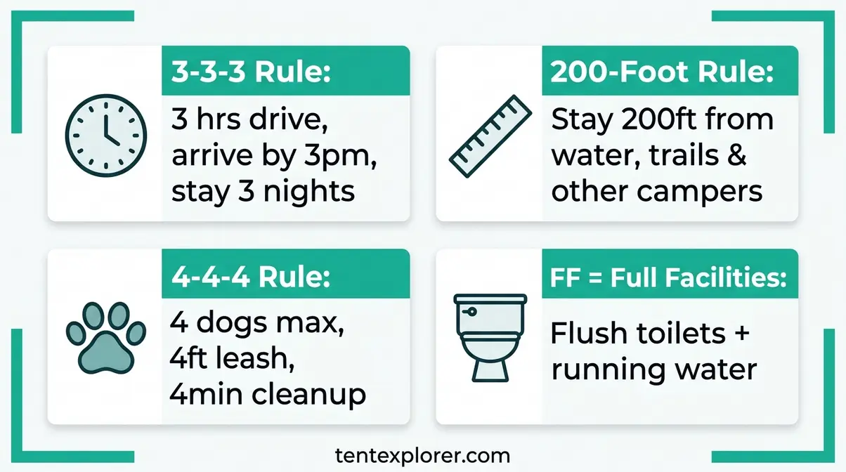 Four essential camping rules for beginners including the 3-3-3 rule, 200-foot rule, 4-4-4 rule, and FF meaning