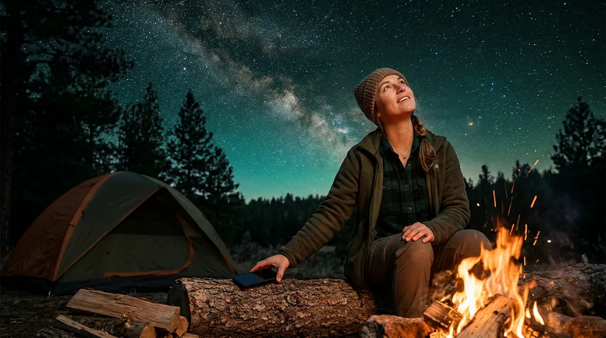 Camper setting down phone at campfire to unplug from technology during a tent camping trip