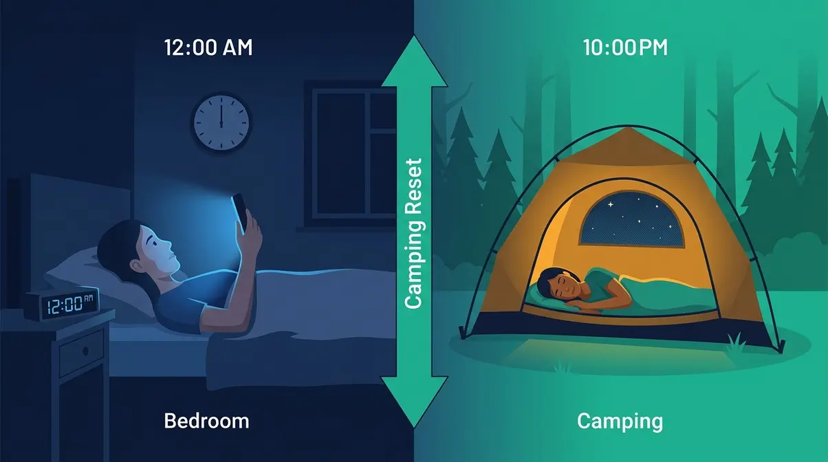 Before and after illustration of circadian rhythm reset through tent camping without artificial light