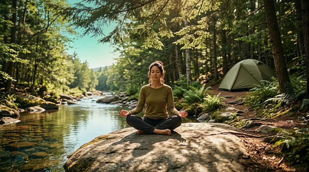 Person relaxing beside a forest stream at a campsite experiencing stress reduction benefits