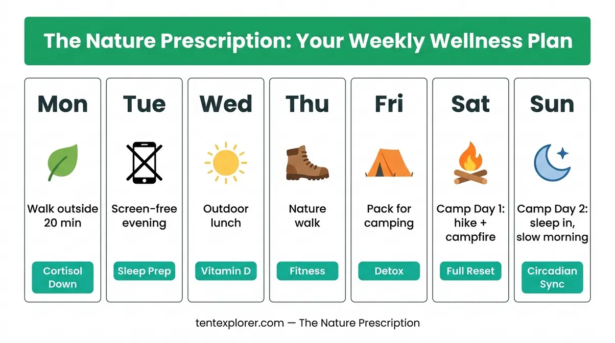 A weekly wellness plan incorporating tent camping across seven days with science-backed benefits