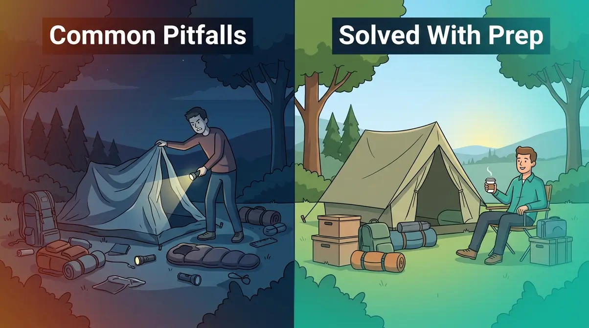 Common tent camping pitfalls on the left versus a well-prepared campsite on the right