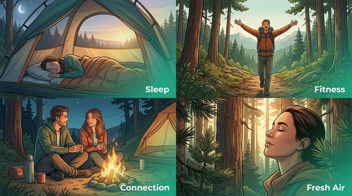 Four scenes showing tent camping health benefits including sleep, fitness, connection, and fresh air