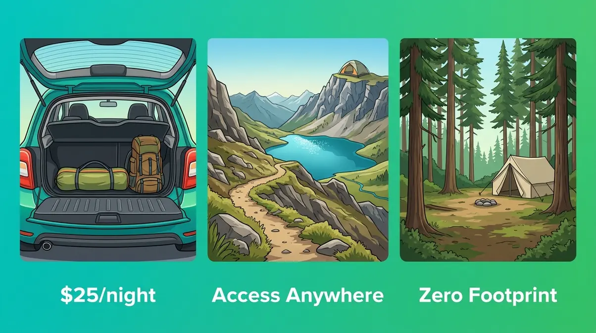 Three practical advantages of tent camping showing low cost, remote access, and eco-friendly footprint