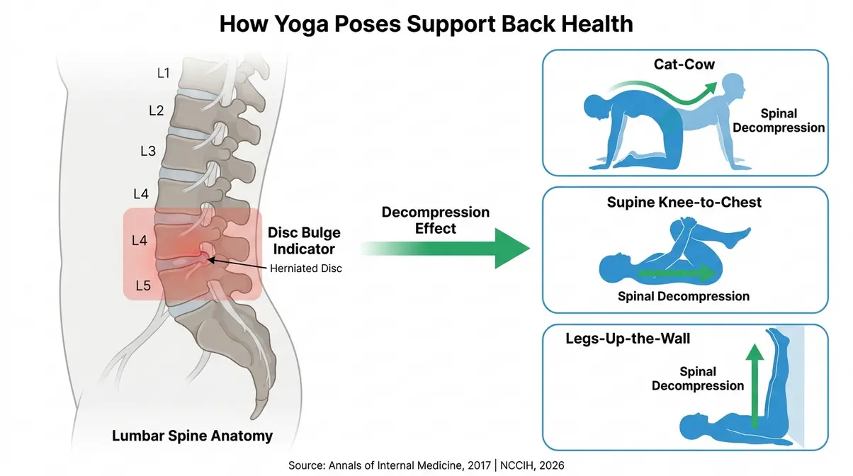Anatomical illustration showing how Cat-Cow and knee-to-chest yoga poses decompress the L4-L5 spinal segment