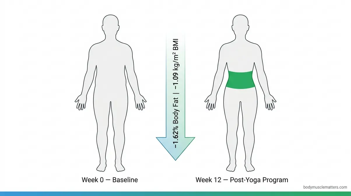 Clinical before and after body silhouette comparison showing yoga belly fat and waist circumference reduction at week 12