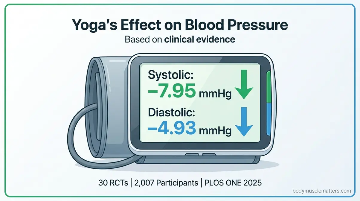 Clinical data visualization showing yoga reduces systolic blood pressure by 7.95 mmHg and diastolic by 4.93 mmHg from 30 RCTs