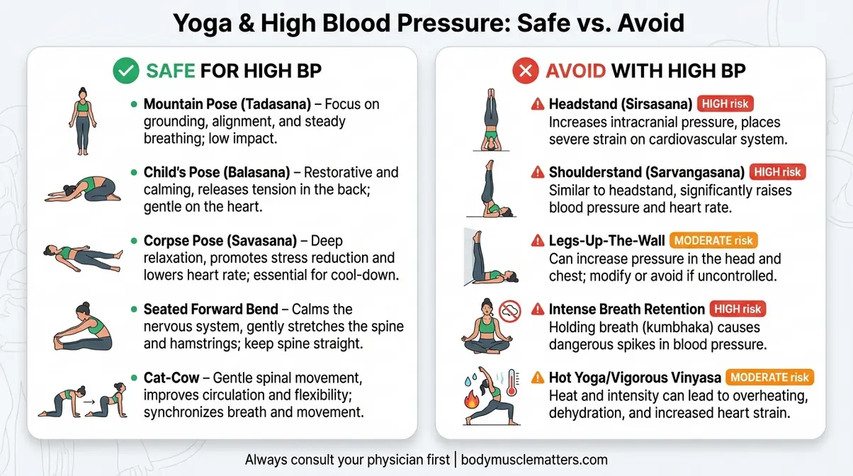 Safety chart showing which yoga poses are safe and which to avoid for people with high blood pressure hypertension