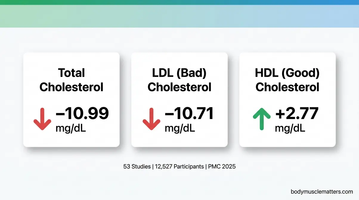 Yoga cholesterol research data showing total cholesterol reduced by 10.99 mg/dL, LDL by 10.71 mg/dL, and HDL increased by 2.77 mg/dL