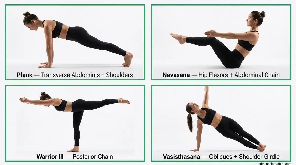 Four yoga poses for core stability showing Plank, Boat Pose, Warrior III, and Side Plank with muscle group labels