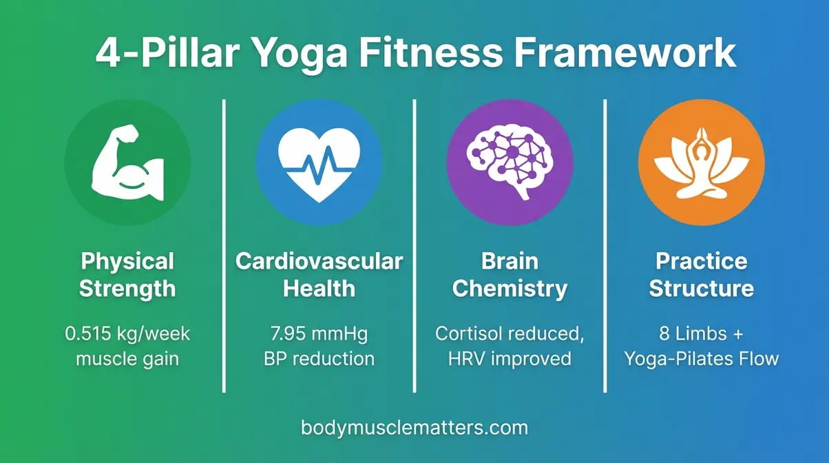 Infographic of the 4-Pillar Yoga Fitness Framework showing Physical Strength, Cardiovascular Health, Brain Chemistry, and Practice Structure benefits