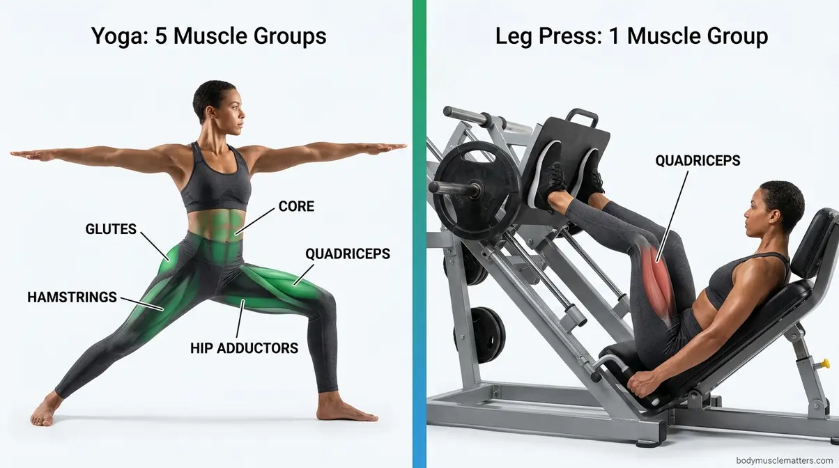 Comparison of Warrior II yoga pose activating multiple muscle groups versus isolated leg press machine exercise