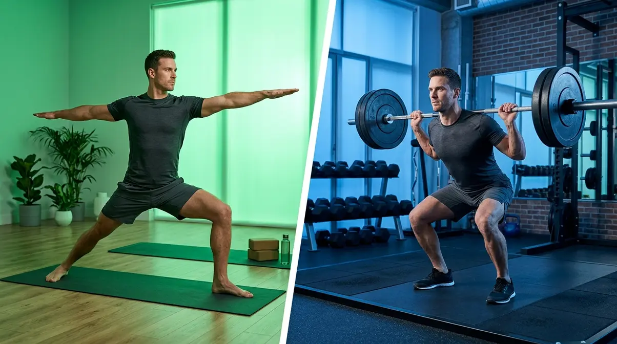 Split image comparing yoga practice and gym weightlifting showing complementary fitness training approaches