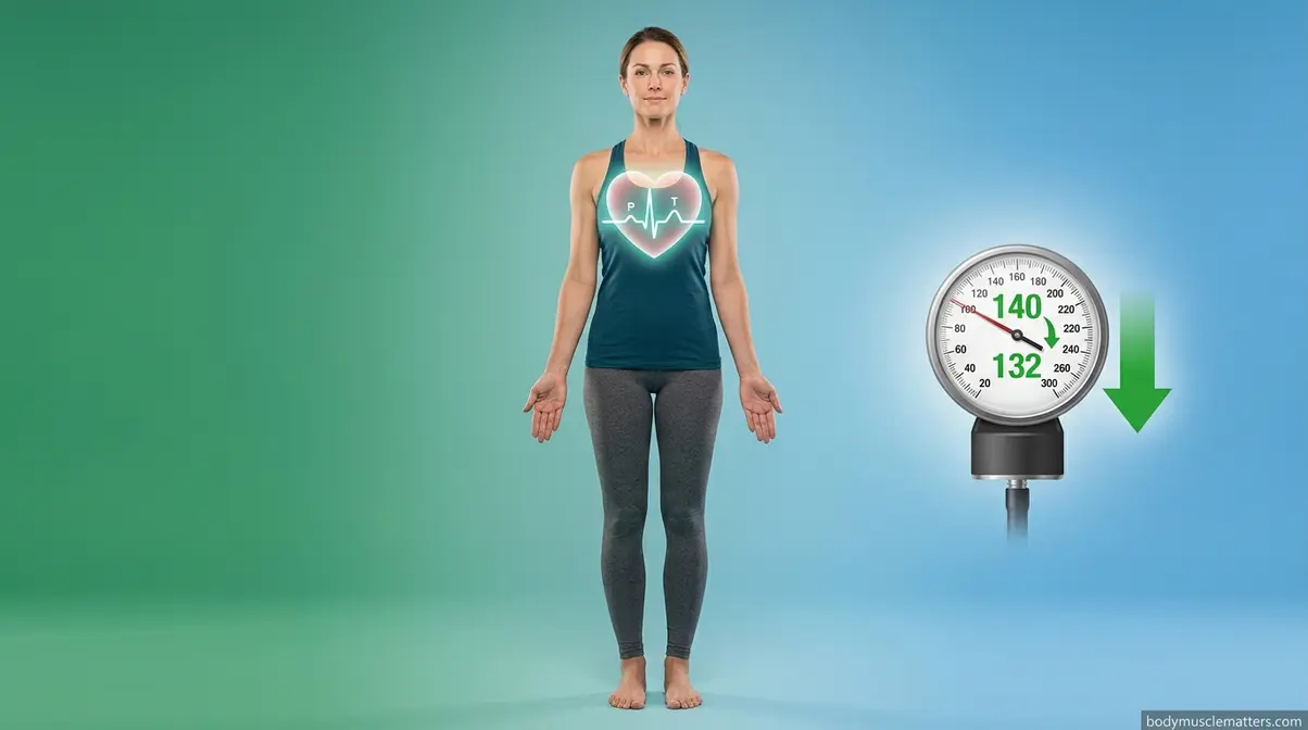 Person in Mountain Pose yoga with heart health visualization showing blood pressure reduction benefits