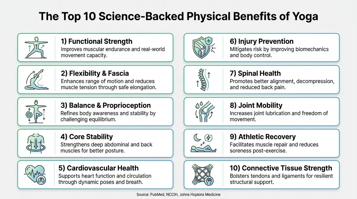 Infographic showing ten science-backed physical benefits of yoga for fitness including strength, flexibility, and cardiovascular health