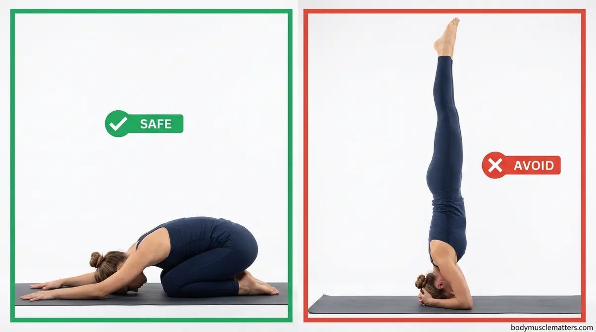 Side by side comparison of safe yoga poses for high blood pressure versus contraindicated inversion poses to avoid