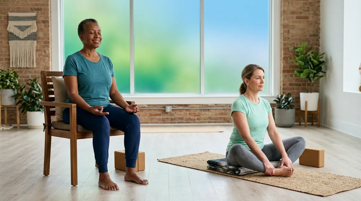Two people practicing adapted therapeutic yoga poses for specific health conditions including back pain and mobility limitations