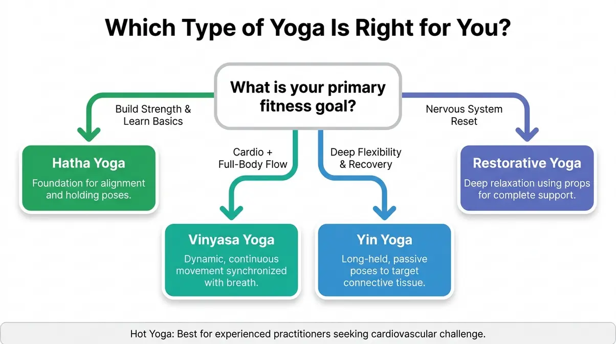 Flowchart helping fitness enthusiasts choose the right type of yoga based on their training goals