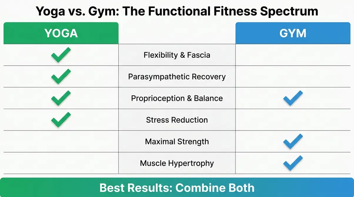 Side-by-side infographic comparing yoga versus gym training across six fitness performance domains