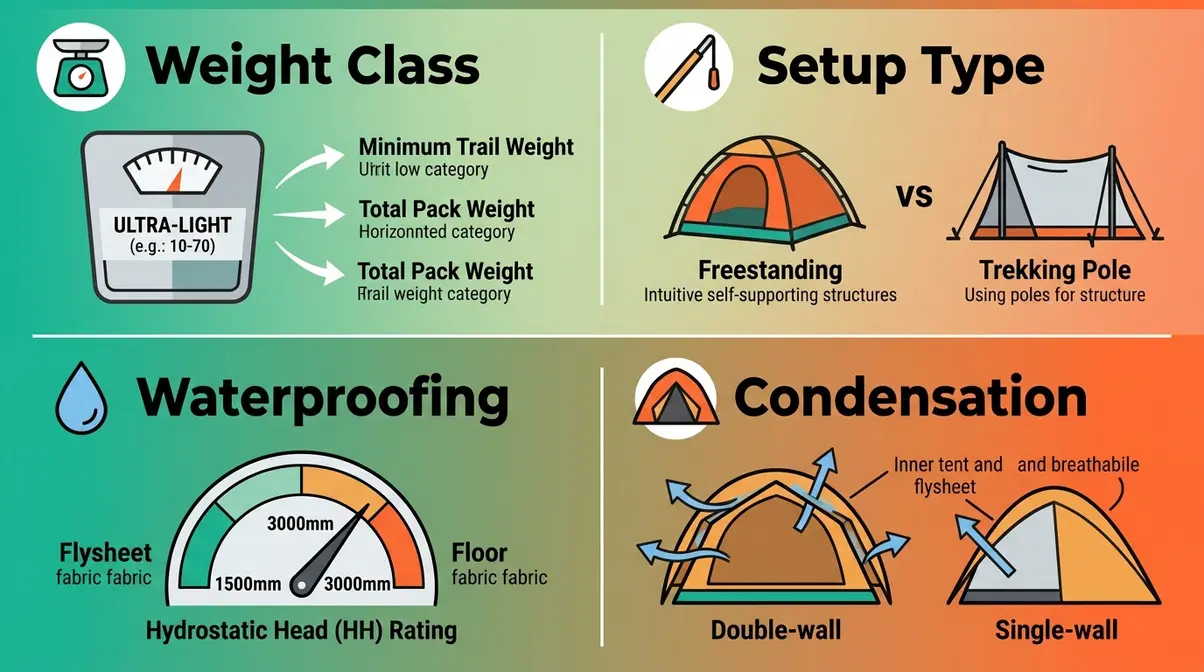Backpacking tent buying guide covering weight, setup type, waterproofing, and condensation decisions