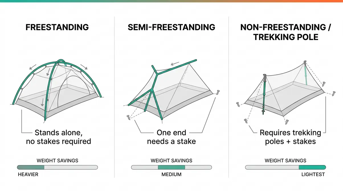 Diagram comparing freestanding, semi-freestanding, and non-freestanding backpacking tent setup types