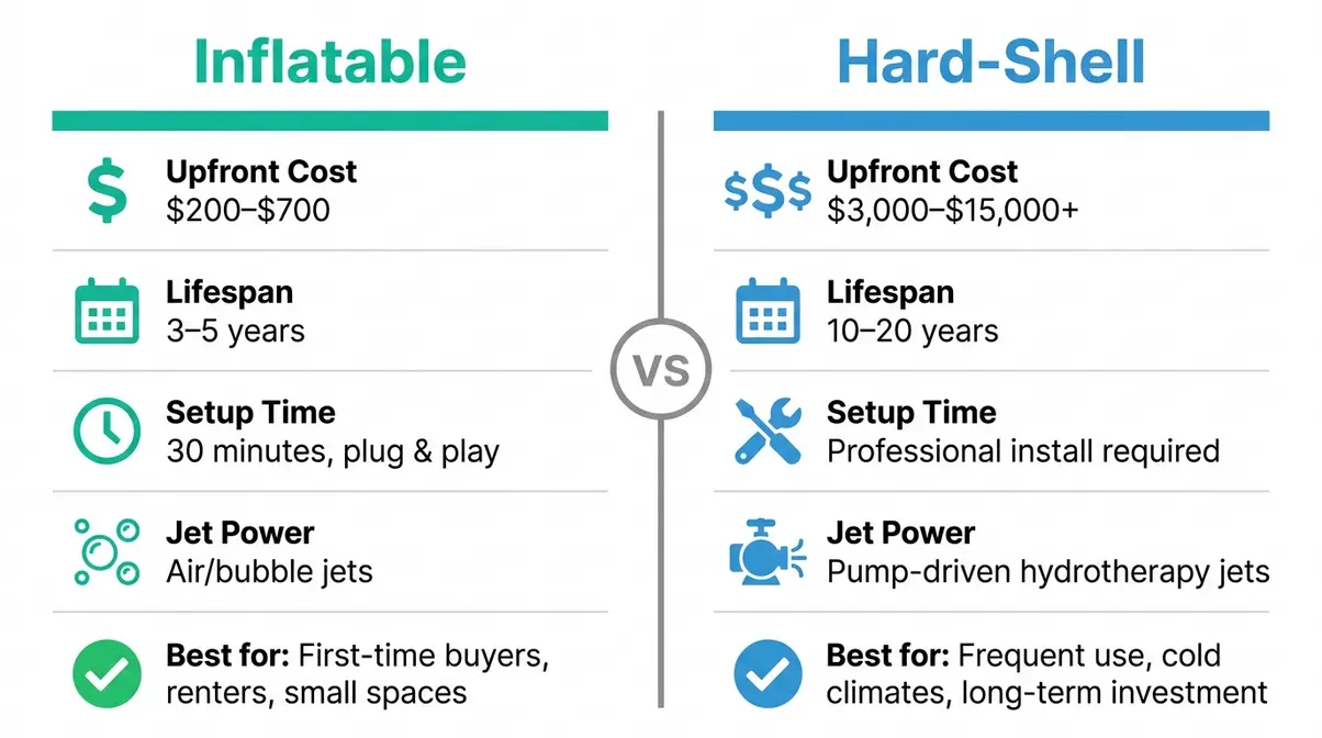 Infographic comparing inflatable vs hard-shell 1-person hot tubs on cost, lifespan, setup time, and jet power