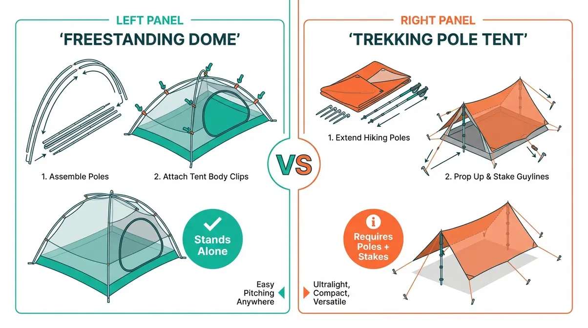 Diagram comparing freestanding dome tent setup versus trekking pole tent setup side by side