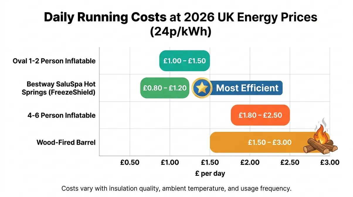 Best 2 Person Hot Tubs UK: 10 Tested Models (2026) 20 Bar chart showing daily running costs of best 2 person hot tubs UK at 2026 energy prices