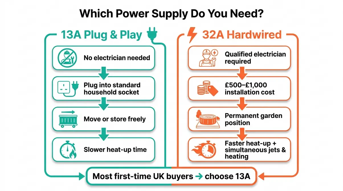 Best 2 Person Hot Tubs UK: 10 Tested Models (2026) 19 Flowchart comparing plug and play 13A versus hardwired 32A hot tub connections for UK buyers