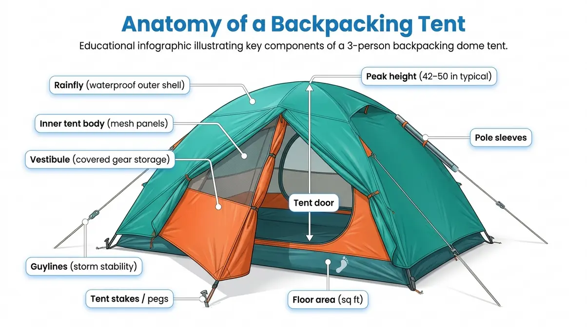 Labeled anatomy diagram of a backpacking tent showing rainfly, vestibule, guylines, peak height, and floor area