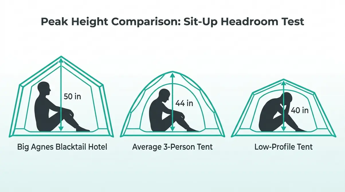 Side-by-side diagram comparing peak height of Big Agnes Blacktail Hotel versus standard 3-person backpacking tents