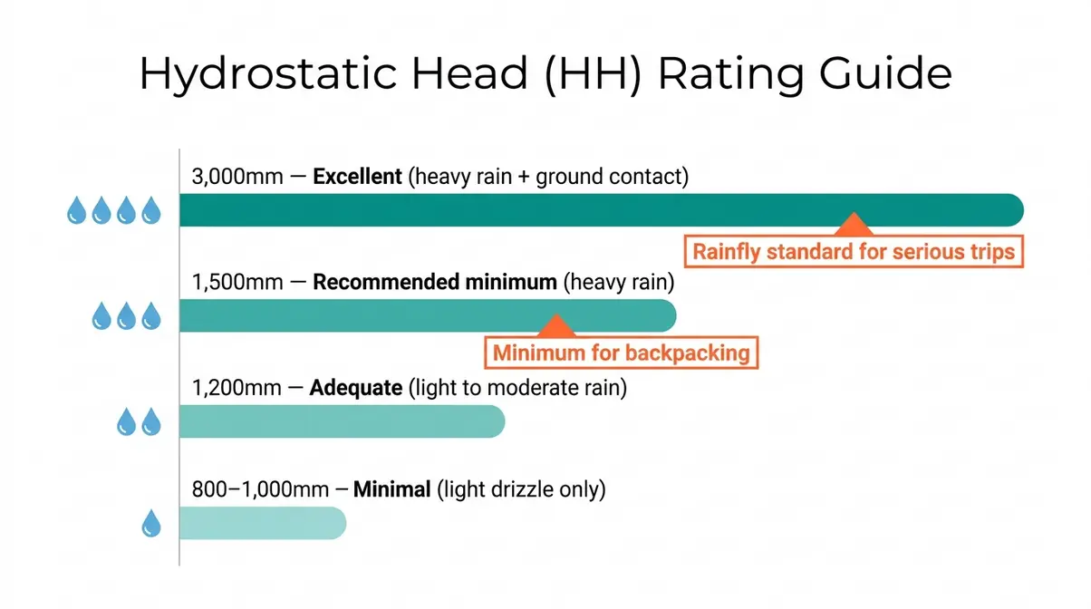 Chart explaining hydrostatic head waterproof ratings for backpacking tents from 1200mm to 3000mm