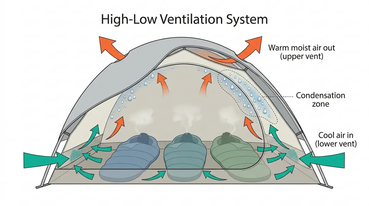 Diagram showing high-low ventilation airflow in a 3-person backpacking tent to reduce overnight condensation