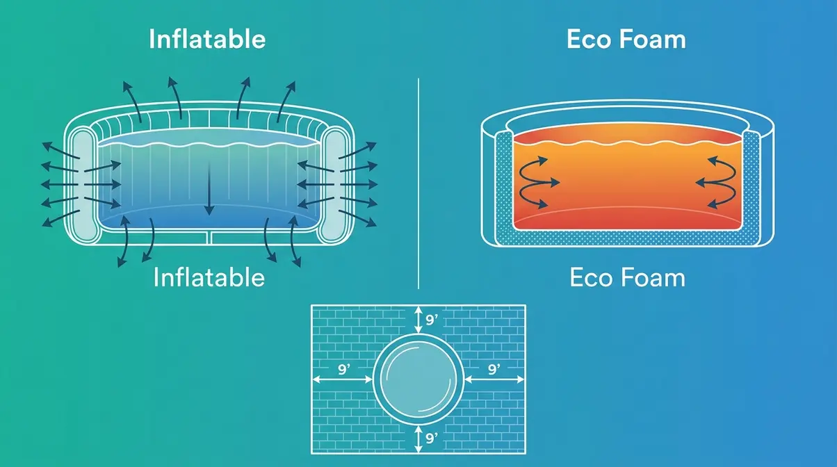 Best 3 Person Hot Tubs: 6 Compact Spas Reviewed (2026) 11 Hot tub buying guide illustration comparing inflatable versus foam insulated spa construction and patio sizing