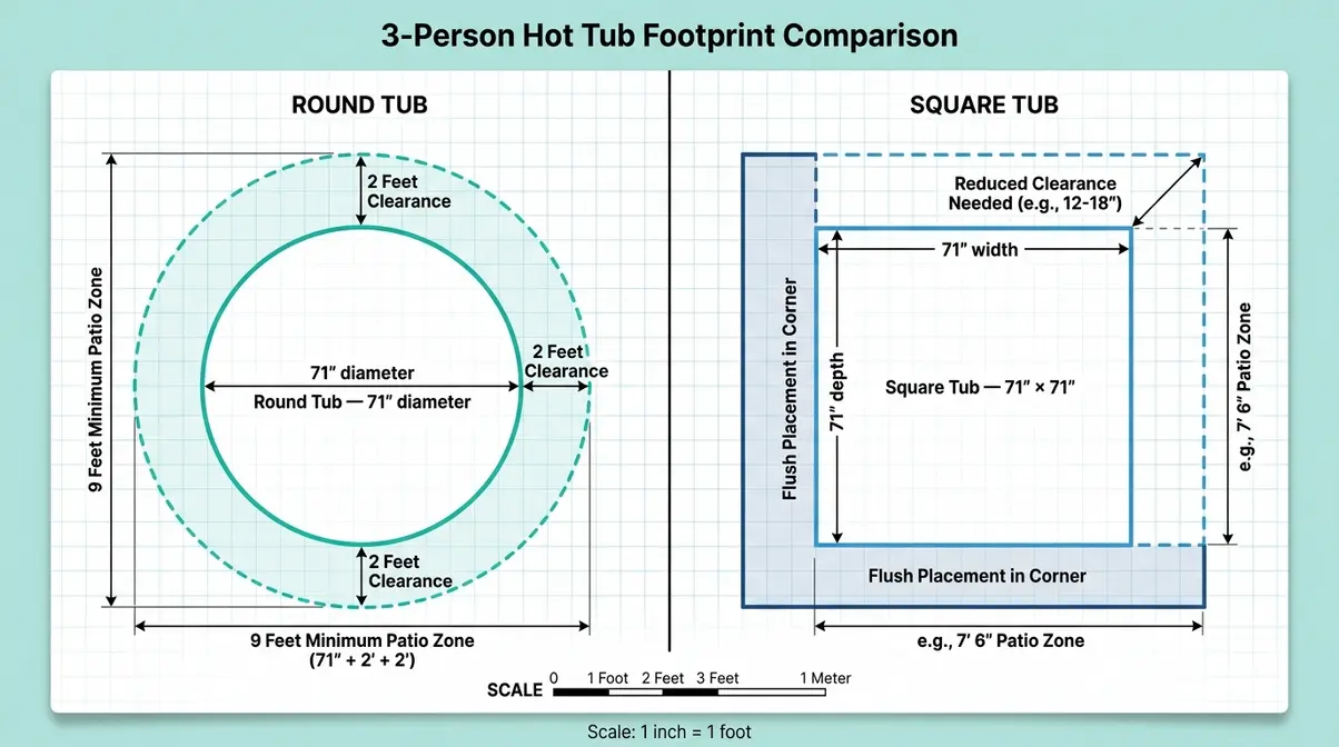 Best 3 Person Hot Tubs: 6 Compact Spas Reviewed (2026) 12 Side-by-side diagram comparing 71-inch round and 71x71-inch square portable hot tub footprints with patio clearance zones
