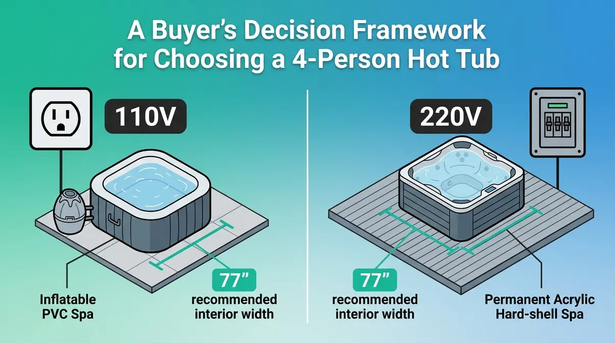 Buying guide illustration comparing inflatable and hard-shell 4-person hot tub options with dimension callouts