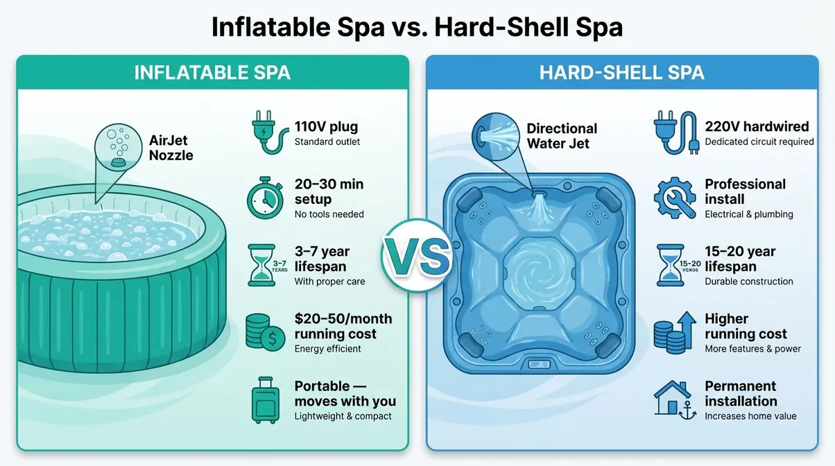 Side-by-side infographic comparing inflatable versus hard-shell 4-person hot tub features, lifespan, and costs