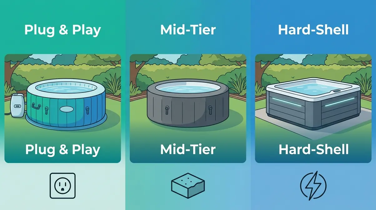 Comparison illustration of inflatable eco foam and acrylic hot tub types for UK buyers