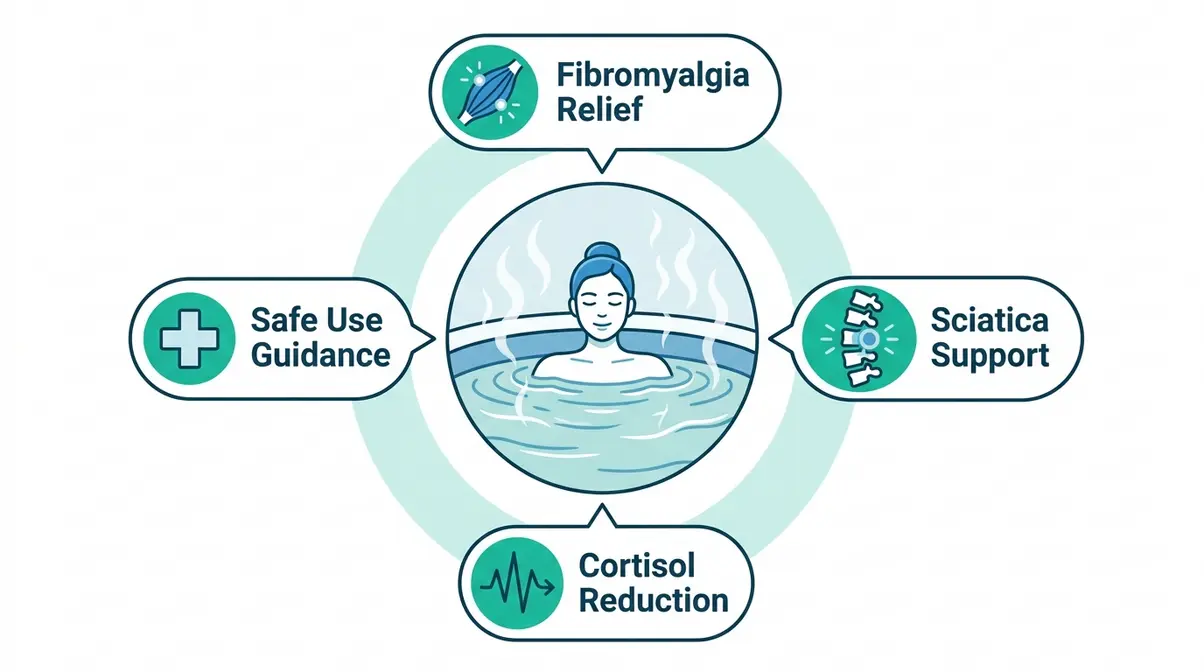 Hot tub health benefits illustration covering fibromyalgia sciatica and cortisol reduction